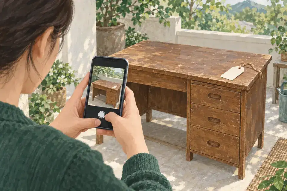 휴대전화로 배출할 책상의 사진을 준비하는 AI 일러스트