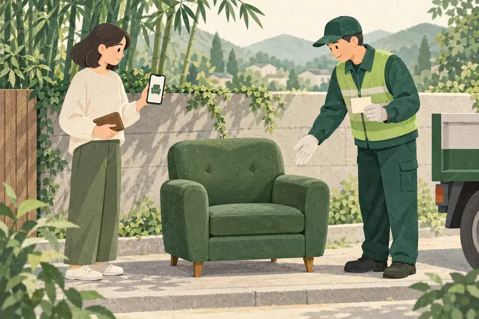 배출 물품 현장 확인과 확인증 교부를 표현한 AI 일러스트