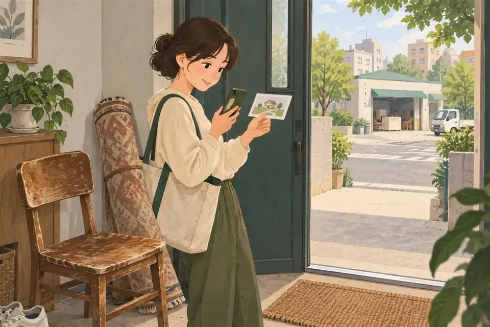 현관에서 휴대전화와 안내 카드를 확인하며 방문을 준비하는 사람을 그린 일러스트