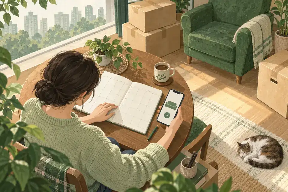 이사 전에 달력과 휴대전화로 배출 신고를 준비하는 AI 일러스트