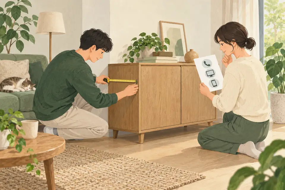 정자3동에서 가구 규격과 담당 업체를 확인하는 안내 일러스트