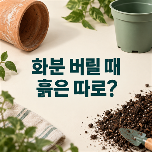 흙을 분리한 도자기·플라스틱 화분과 ‘화분 버릴 때, 흙은 따로?’ 안내 문구