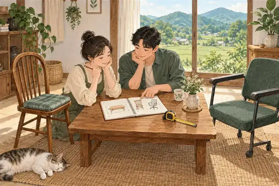 밝은 실내의 낮은 식탁과 두 의자 옆에서 규격을 기록하는 일러스트